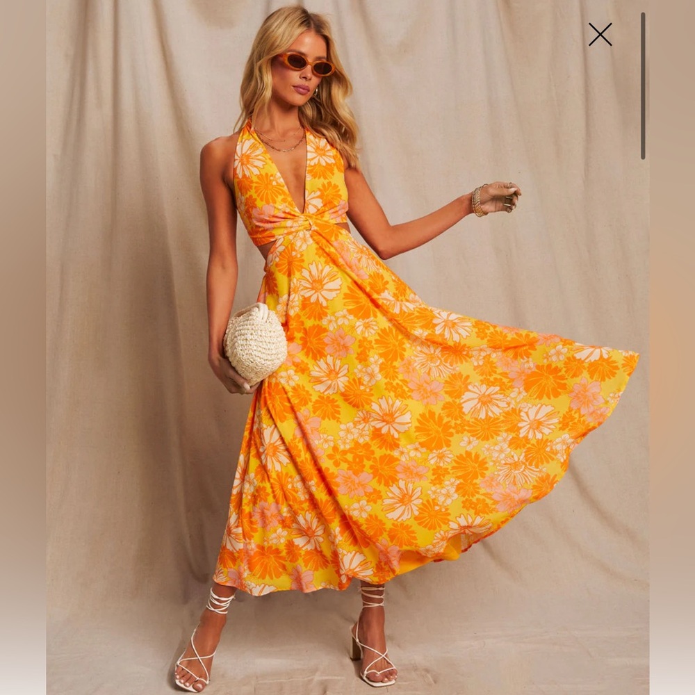 Printed Halter Neck Cutout Midi Dres